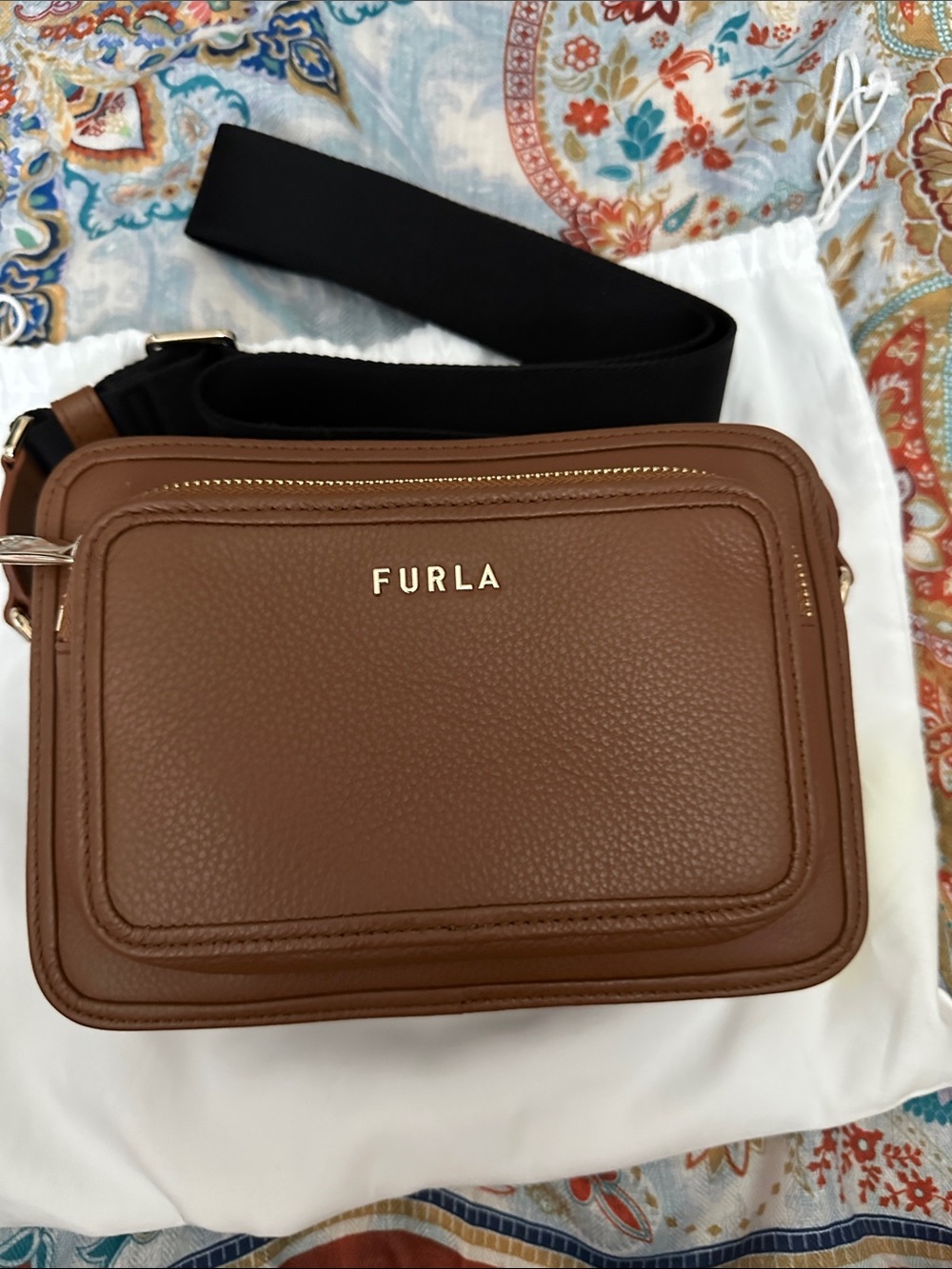 Furla Brown Pebbled Leather Messenger with Black Strap